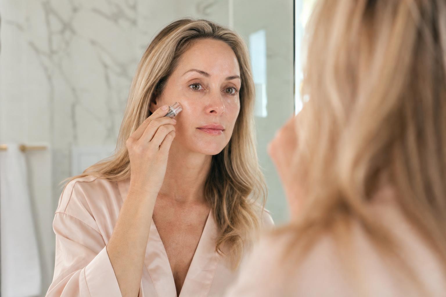 Kvinna applicerar microinfusion-verktyg framför badrumsspegel
