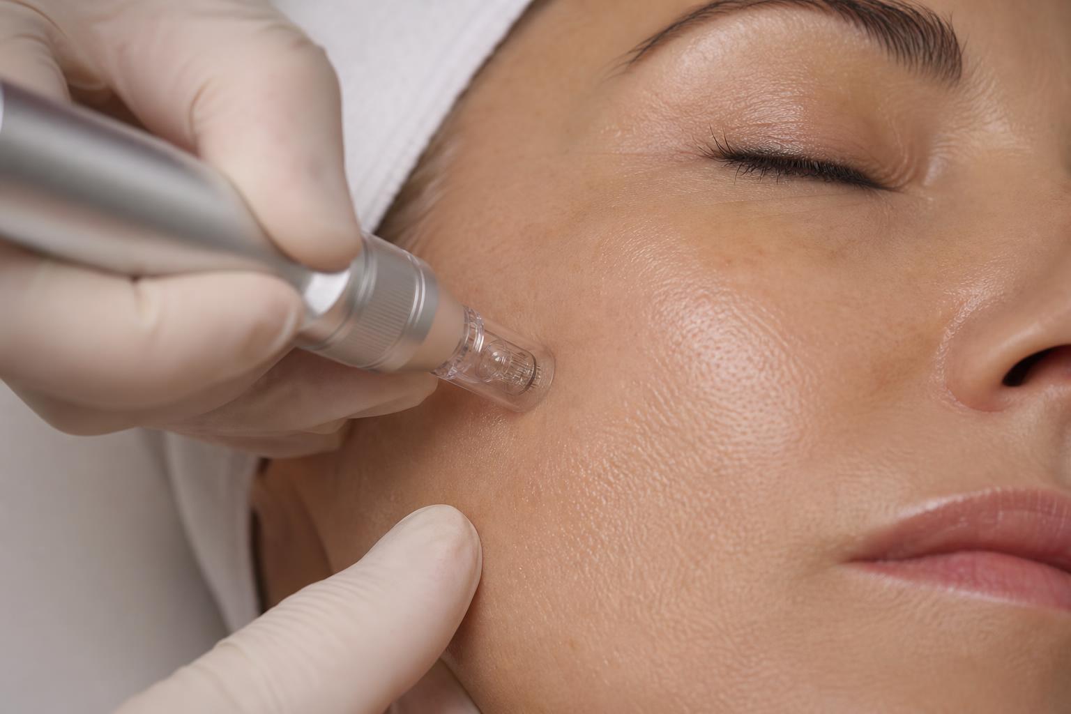 Närbild av microneedling-behandling med dermapen på kvinnas kind